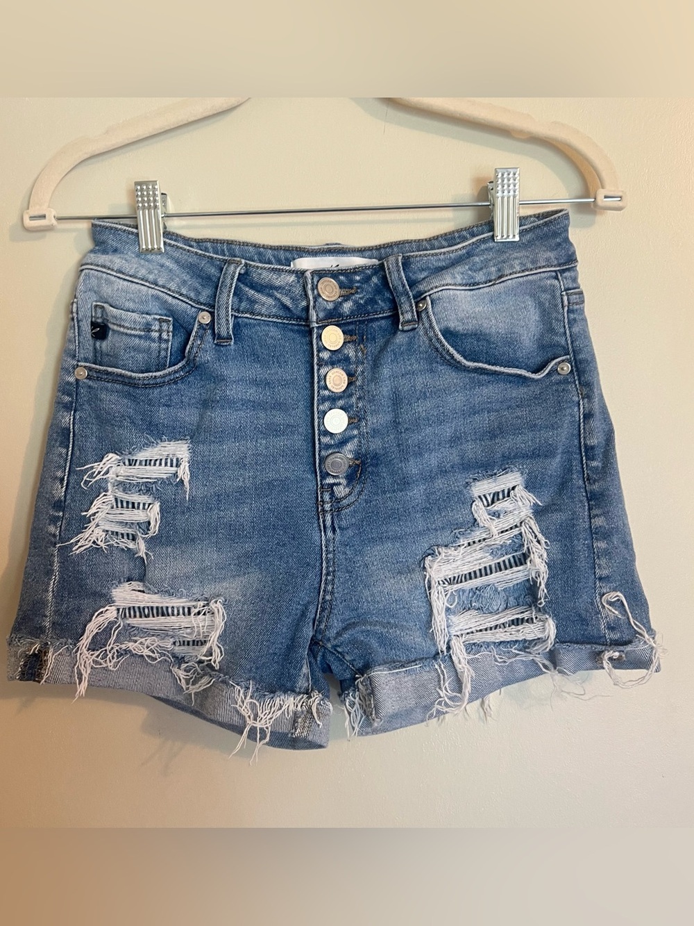 KanCan Distressed Button-Fly Denim Shorts - Blue